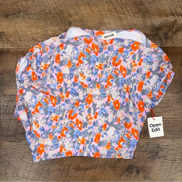 NEW Open Edit Asymmetrical Off-Shoulder Blouse in Pink Sky Floral - Picture 2 of 16